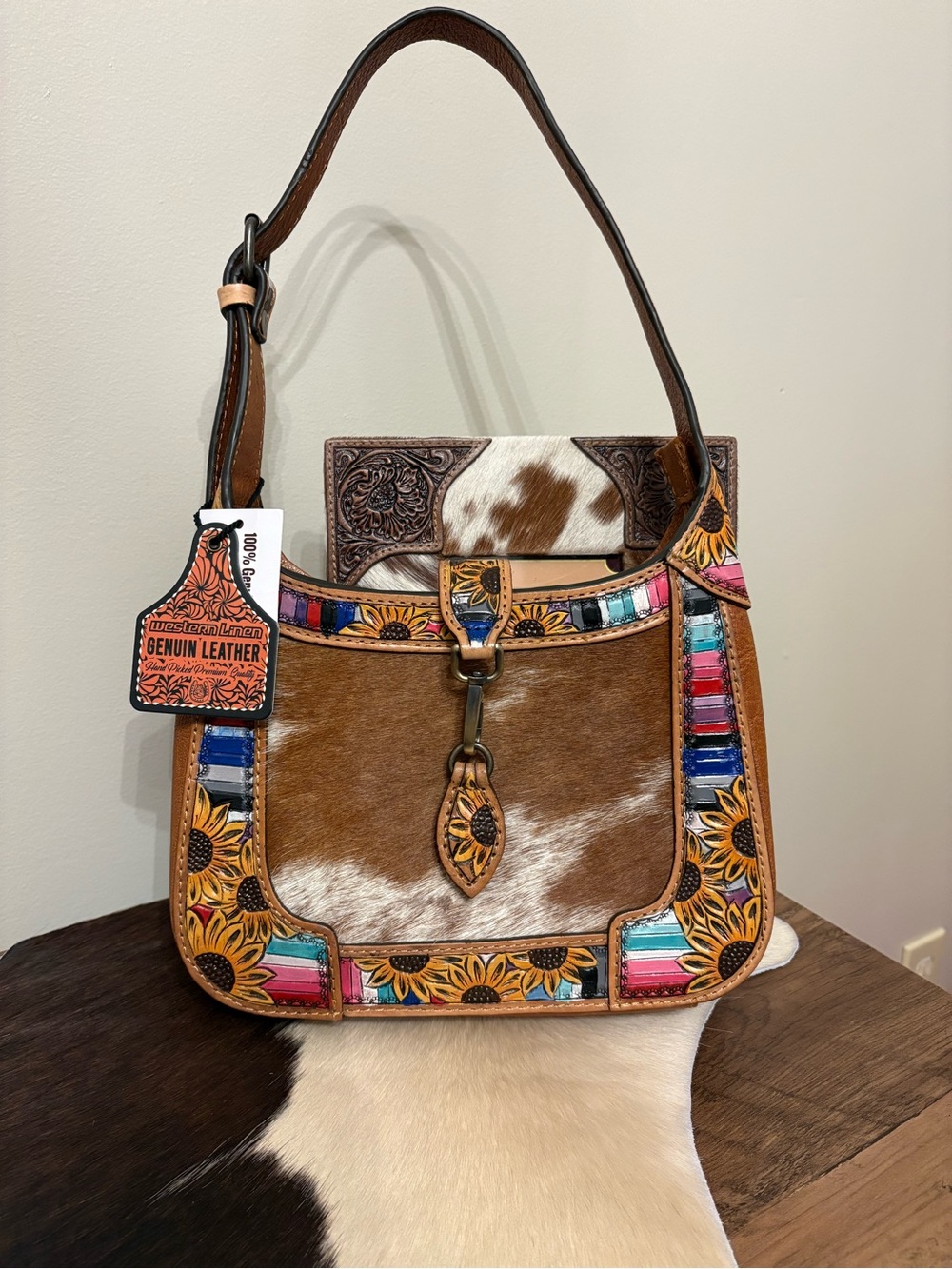 Handtooled Genuine Leather Brown Hair-on Hide Shoulder Bag with sunflowers